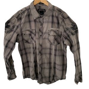 BKE Shirt Mens Large Pearl Snap Long Sleeve Slim Fit Gray Black Plaid